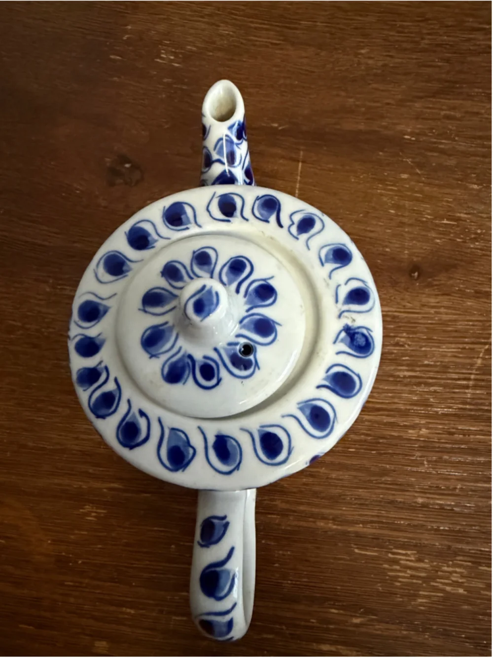 Vintage Hand Painted Blue White Floral Ceramic Teapot with Lid Folk Art Pottery